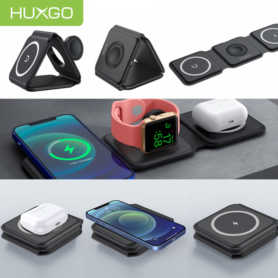 HUXGO® Mag-Safe Charging Station for Mobile Phone, iPhone and SmartWatch, Wireless Charger, 3-in-1 Foldable Magnetic, Portable Charging Station with Overcharge Protection - BY-MF82_B Black