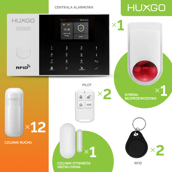 HUXGO® HXA005 - Wireless security system WiFi + GSM 4G LTE with 12x Motion Detector & 1x Door / window sensor with Wireless Siren | Home Alarm System SET with App TUYA