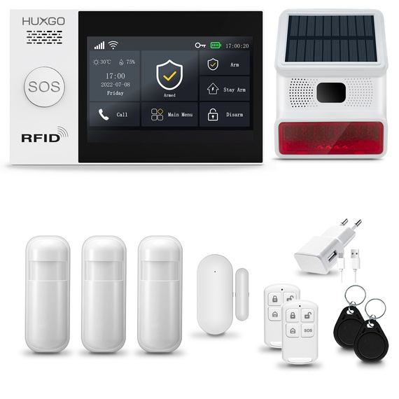 HUXGO® HXA007 - Wireless security system WiFi + GSM 4G LTE with 3x Motion Detector & 1x Door / window sensor with Wireless Siren | Home Alarm System SET with App TUYA