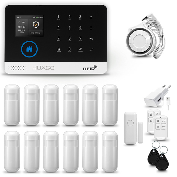 HUXGO® HXA003 - Sistema di allarme wireless WiFi + GSM 4G LTE con 12x Rilevatore di movimento & 1x Sensore per porte e finestre | Allarme casa senza fili Kit con app TUYA