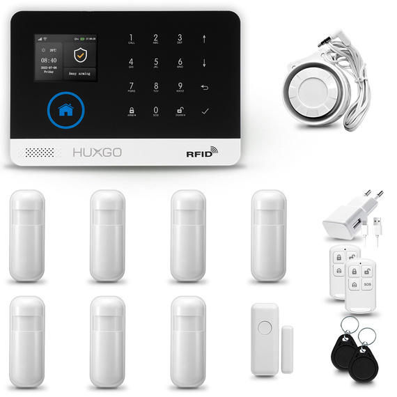 HUXGO® HXA003 - Système de sécurité sans fil Wi-Fi + GSM 4G LTE avec 7x Détecteur de Mouvement & 1x Détecteur pour porte et fenêtre |  Système d'alarme domestique avec l'application TUYA