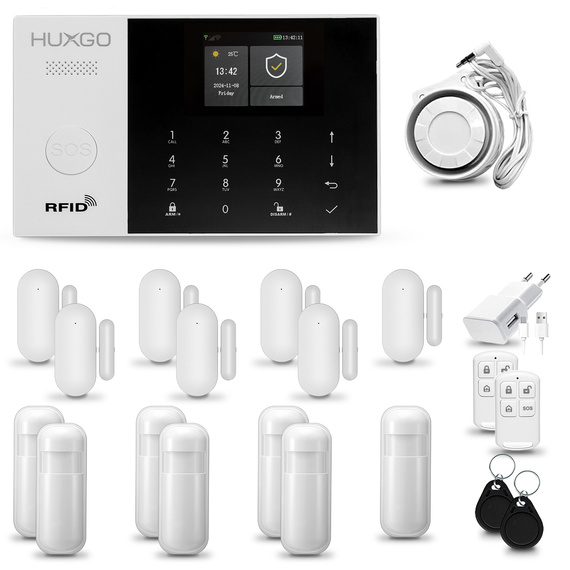 HUXGO® HXA005 - Funk Alarmanlage System WiFi + GSM 4G LTE mit 7x Bewegungsmelder PIR & 7x Fenster und Türsensor sensor | Kabellose Alarmanlage SET mit TUYA App