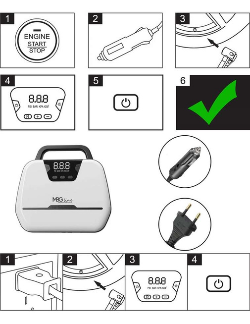 MBG line® Air Pump Car 1866 - Compresor de coche 12 V con pantalla digital, luz LED y juego de adaptadores