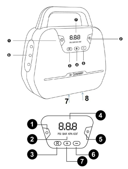 MBG line® Air Pump Car 1866 - Compresor de coche 12 V con pantalla digital, luz LED y juego de adaptadores