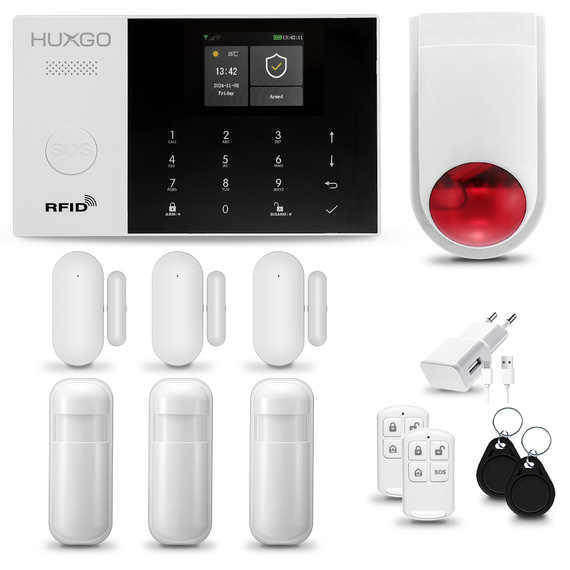 HUXGO® HXA005 - Wireless security system WiFi + GSM with 3x Motion Detector & 3x Door / window sensor with Wireless Siren | Home Alarm System SET with App TUYA