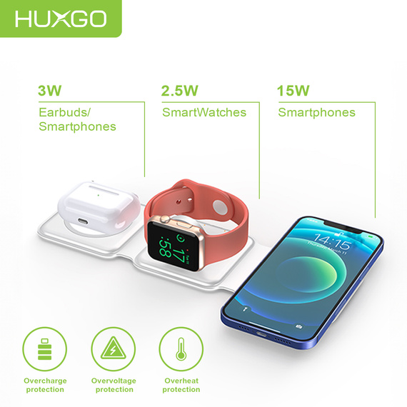 HUXGO® Mag-Safe Charging Station for Mobile Phone, iPhone and SmartWatch, Wireless Charger, 3-in-1 Foldable Magnetic, Portable Charging Station with Overcharge Protection - BY-MF82_W White
