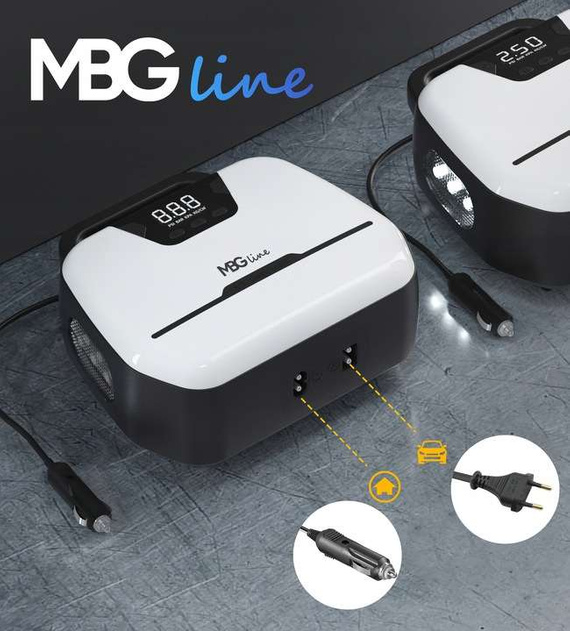 MBG line® Air Pump Car 1866 - Compresor de coche 12 V con pantalla digital, luz LED y juego de adaptadores