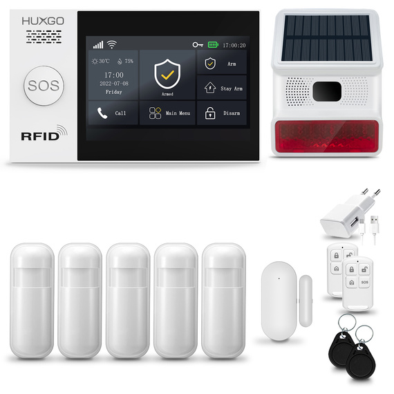 HUXGO® HXA007 - Wireless security system WiFi + GSM with 5x Motion Detector & 1x Door / window sensor with Wireless Siren | Home Alarm System SET with App TUYA