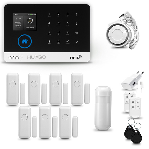 HUXGO® HXA003 - Funk Alarmanlage System WiFi + GSM mit1x Bewegungsmelder PIR & 7x Fenster und Türsensor sensor | Kabellose Alarmanlage SET mit TUYA App