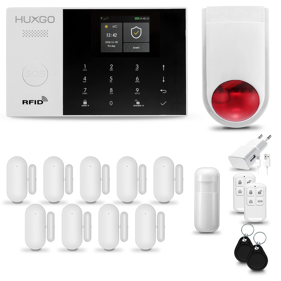 HUXGO® HXA005 - Wireless security system WiFi + GSM 4G LTE with 1x Motion Detector & 9x Door / window sensor with Wireless Siren | Home Alarm System SET with App TUYA