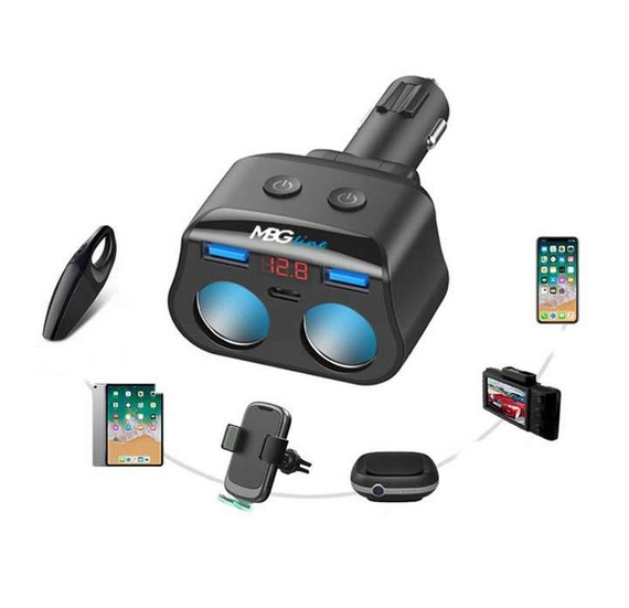 MBG line® HC69PD - Sdoppiatore per accendisigari con voltmetro e caricatore 2 x USB QC3.0