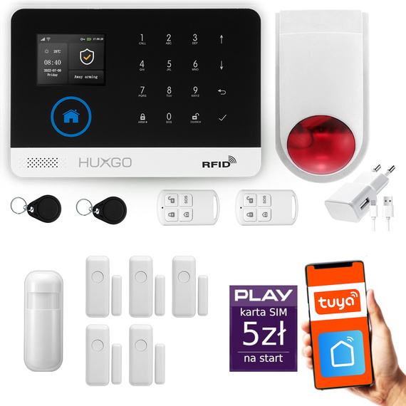 HUXGO® HXA003 - Wireless security system WiFi + GSM with 1x Motion Detector & 5x Door / window sensor with Wireless Siren | Home Alarm System SET with App TUYA