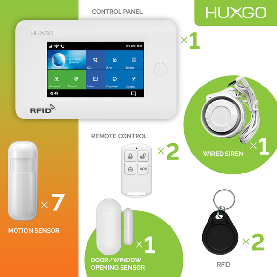 HUXGO® HXA006 - Wireless security system WiFi + GSM 4G with 7x Motion Detector & 1x Door / window sensor | Home Alarm System SET with App TUYA
