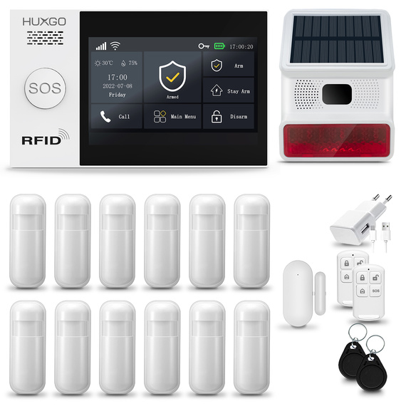 HUXGO® HXA007 - Sistema di allarme wireless WiFi + GSM 4G LTE con 12x Rilevatore di movimento & 1x Sensore per porte e finestre con Sirena senza fili | Allarme casa senza fili Kit con app TUYA