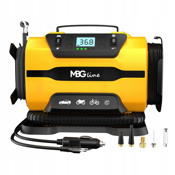 MBG Line® 845 PRO – Dual-Power Car Air Compressor 12V/230V with Inflator, LED Light, Auto-Stop & Carrying Case