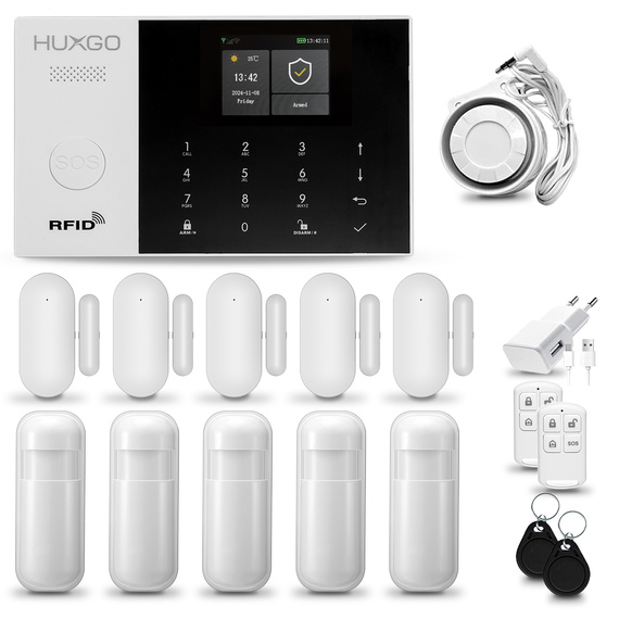 HUXGO® HXA005 - Wireless security system WiFi + GSM with 5x Motion Detector & 5x Door / window sensor | Home Alarm System SET with App TUYA