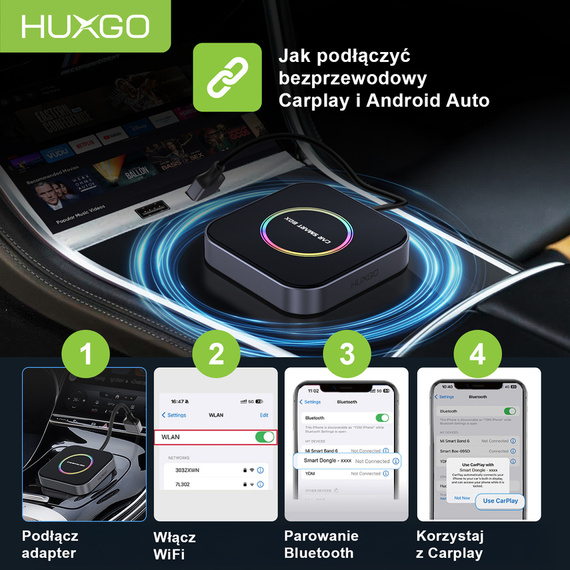 HUXGO® Adaptador inalámbrico 3-en-1 CarPlay y Android Auto compatible con dispositivos Apple y Android