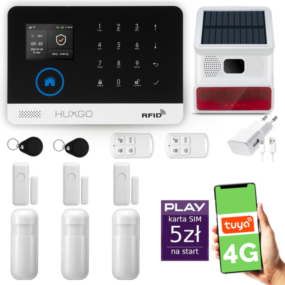HUXGO® HXA003 - Sistema di allarme wireless WiFi + GSM 4G LTE con 3x Rilevatore di movimento & 3x Sensore per porte e finestre con Sirena senza fili | Allarme casa senza fili Kit con app TUYA