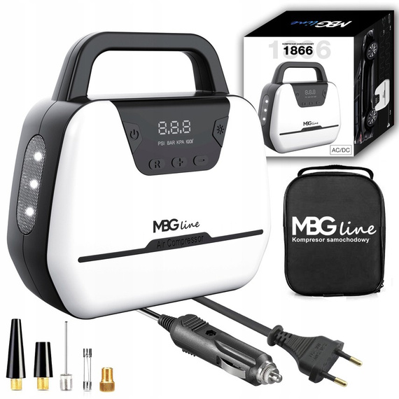 MBG line® Air Pump Car 1866 - Car Compressor 12 V with Digital Display, LED Light and Adapter set