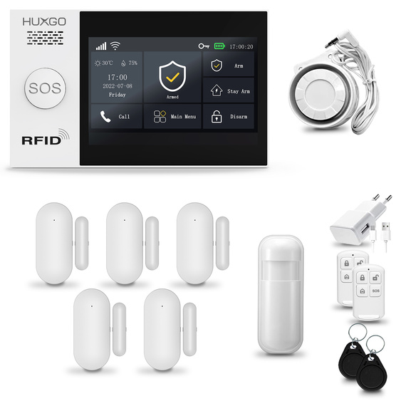 HUXGO® HXA007 - Wireless security system WiFi + GSM 4G LTE with 1x Motion Detector & 5x Door / window sensor | Home Alarm System SET with App TUYA