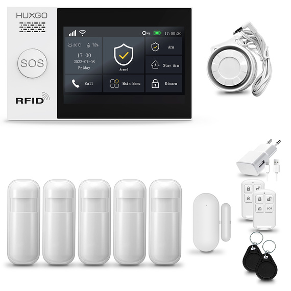 HUXGO® HXA007 - Wireless security system WiFi + GSM 4G LTE with 5x Motion Detector & 1x Door / window sensor | Home Alarm System SET with App TUYA