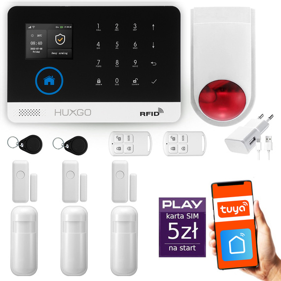 HUXGO® HXA003 - Wireless security system WiFi + GSM with 3x Motion Detector & 3x Door / window sensor with Wireless Siren | Home Alarm System SET with App TUYA
