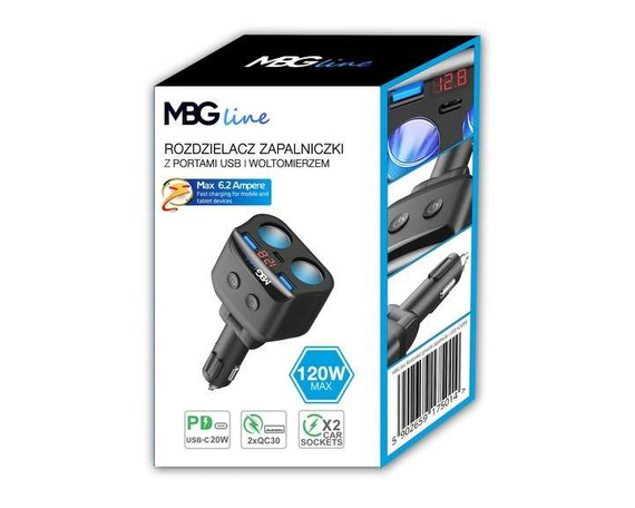 MBG line® HC69PD - Sdoppiatore per accendisigari con voltmetro e caricatore 2 x USB QC3.0