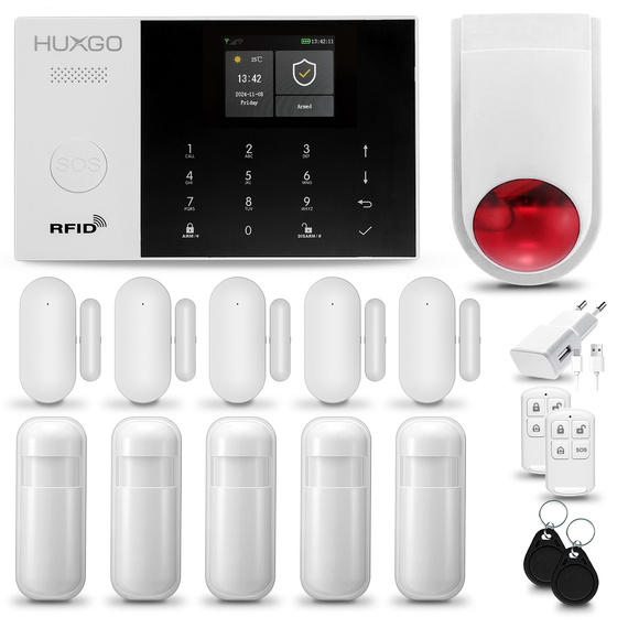 HUXGO® HXA005 - Wireless security system WiFi + GSM with 5x Motion Detector & 5x Door / window sensor with Wireless Siren | Home Alarm System SET with App TUYA
