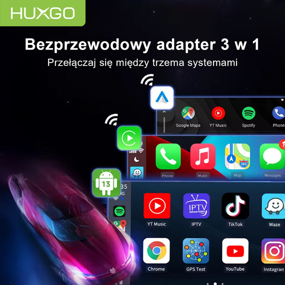 HUXGO® Adaptador inalámbrico 3-en-1 CarPlay y Android Auto compatible con dispositivos Apple y Android