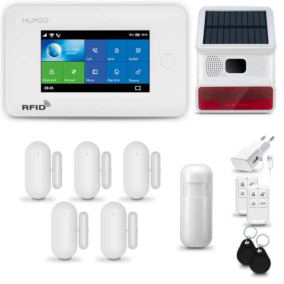 HUXGO® HXA006 - Système de sécurité sans fil Wi-Fi + GSM 4G avec 1x Détecteur de Mouvement & 5x Détecteur pour porte et fenêtre avec Sirène sans fil | Système d'alarme domestique avec l'application TUYA