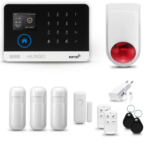 HUXGO® HXA003 - Funk Alarmanlage System WiFi + GSM mit 3x Bewegungsmelder PIR & 1x Fenster und Türsensor sensor mit Drahtlose Alarmsirene | Kabellose Alarmanlage SET mit TUYA App