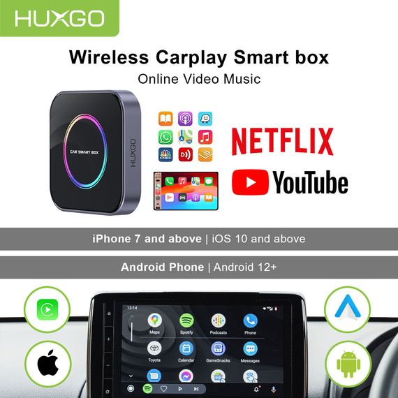HUXGO® Adaptateur sans fil 3-en-1 CarPlay et Android Auto compatible avec les appareils Apple et Android