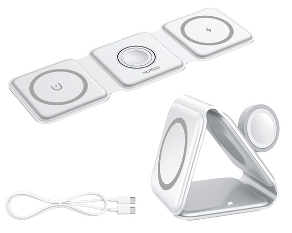HUXGO® Mag-Safe Ladestation für Handy, iPhone und Smartwatch, kabelloses Ladegerät, 3-in-1 faltbare magnetische, tragbare Ladestation mit Überladeschutz - BY-MF82_W Weiß