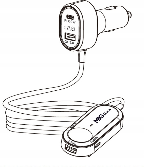 MBG Line® C79ADC MAX – Caricatore auto multiporta con voltmetro e ricarica rapida QC3.0 + PD30W
