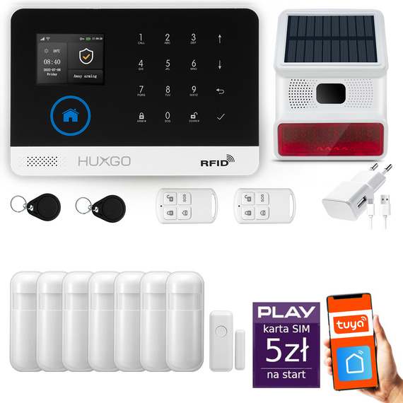 HUXGO® HXA003 - Sistema di allarme wireless WiFi + GSM con 7x Rilevatore di movimento & 1x Sensore per porte e finestre con Sirena senza fili | Allarme casa senza fili Kit con app TUYA
