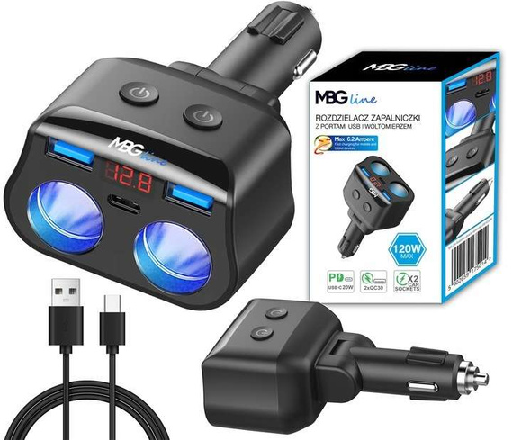 MBG line® HC69PD -  Cigarette lighter socket splitter Voltmeter Charger 2 x USB QC3.0