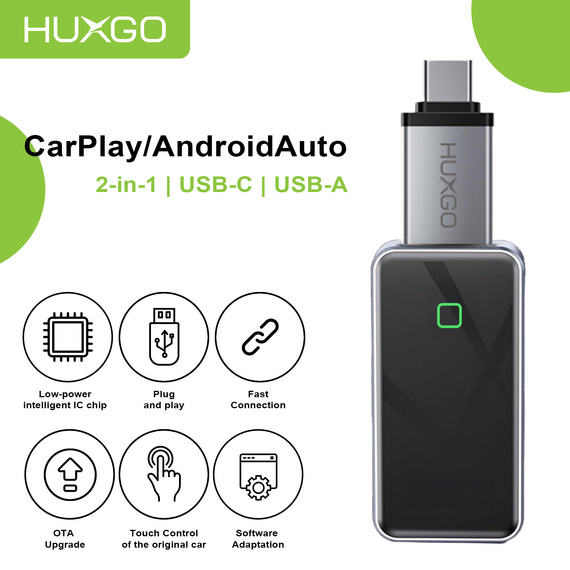 HUXGO® Adaptador inalámbrico 2-en-1 CarPlay y Android Auto compatible con dispositivos Apple y Android