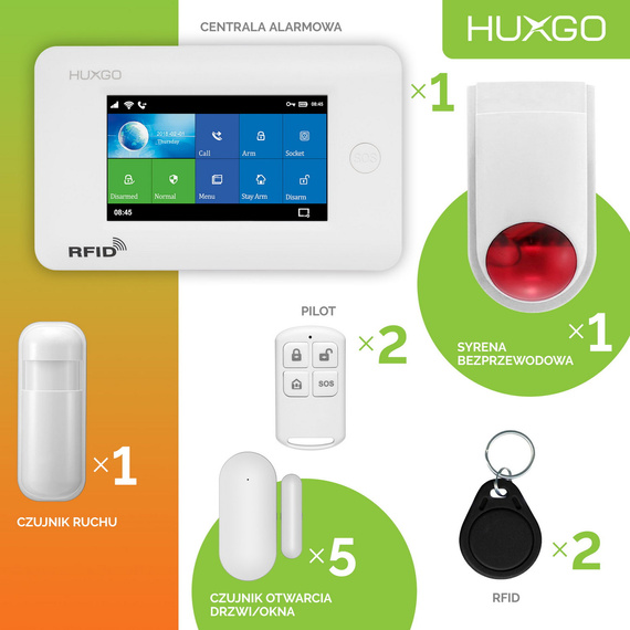 HUXGO® HXA006 - Funk Alarmanlage System WiFi + GSM 4G mit 1x Bewegungsmelder PIR & 5x Fenster und Türsensor sensor mit Drahtlose Alarmsirene | Kabellose Alarmanlage SET mit TUYA App