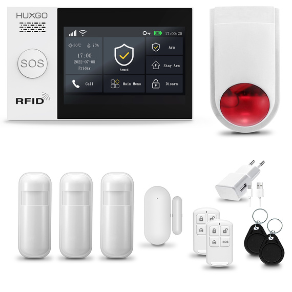 HUXGO® HXA007 - Système de sécurité sans fil Wi-Fi + GSM avec 3x Détecteur de Mouvement & 1x Détecteur pour porte et fenêtre avec Sirène sans fil | Système d'alarme domestique avec l'application TUYA