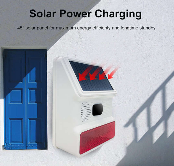 HUXGO® HXA523 Sirena de alarma inalámbrica con panel solar - Antimanipulación - Señales ópticas y acústicas 100 dB