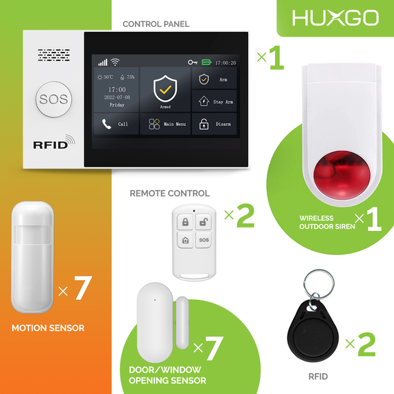 HUXGO® HXA007 - Wireless security system WiFi + GSM with 7x Motion Detector & 7x Door / window sensor with Wireless Siren | Home Alarm System SET with App TUYA