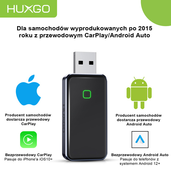 HUXGO® Wireless Adapter 2-in-1 CarPlay und Android Auto, kompatibel mit Apple- und Android-Geräten