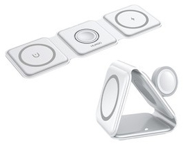 HUXGO® Stazione di ricarica Mag-Safe per telefono cellulare, iPhone e smartwatch, caricatore wireless, magnetica pieghevole 3-in-1, stazione di ricarica portatile con protezione da sovraccarico - BY-MF82_W Bianco