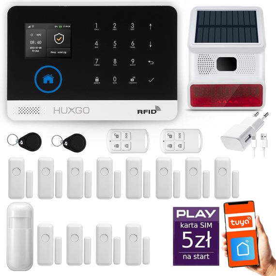 HUXGO® HXA003 - Funk Alarmanlage System WiFi + GSM mit 1x Bewegungsmelder PIR & 12x Fenster und Türsensor sensor mit Drahtlose Alarmsirene | Kabellose Alarmanlage SET mit TUYA App