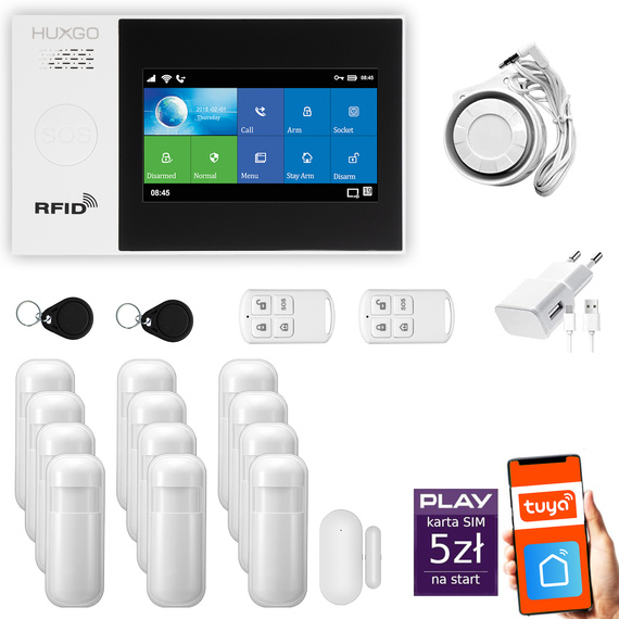 HUXGO® HXA007 - Sistema di allarme wireless WiFi + GSM con 12x Rilevatore di movimento & 1x Sensore per porte e finestre | Allarme casa senza fili Kit con app TUYA