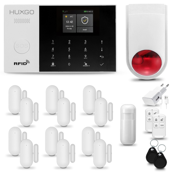 HUXGO® HXA005 - Wireless security system WiFi + GSM with 1x Motion Detector & 12x Door / window sensor with Wireless Siren | Home Alarm System SET with App TUYA
