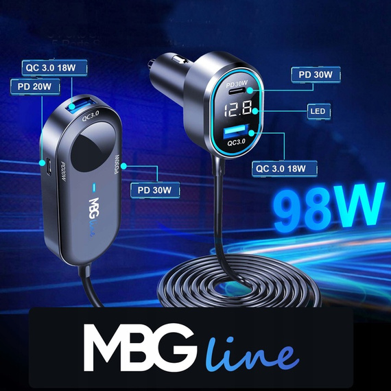 MBG Line® C79ADC MAX – Chargeur de voiture multi-ports avec voltmètre et charge rapide QC3.0 + PD30W