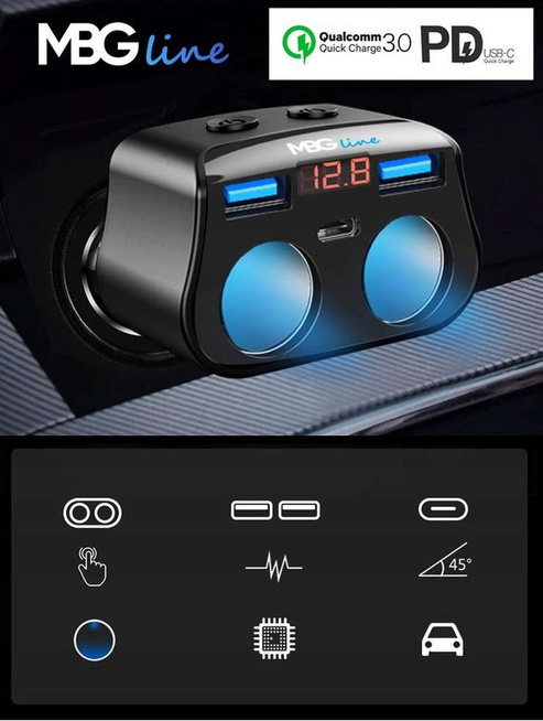 MBG line® HC69PD - Sdoppiatore per accendisigari con voltmetro e caricatore 2 x USB QC3.0