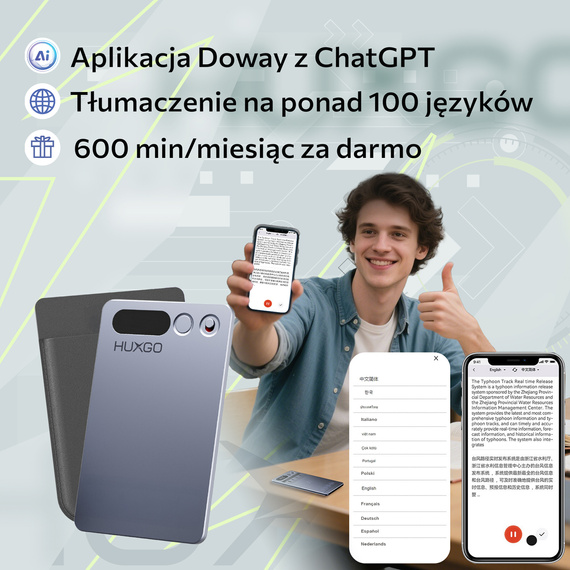 HUXGO® FW920E – Smart AI Voice Recorder with Real-Time Transcription and Translation