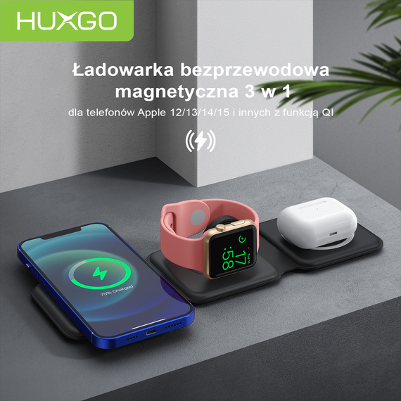 HUXGO® Mag-Safe Charging Station for Mobile Phone, iPhone and SmartWatch, Wireless Charger, 3-in-1 Foldable Magnetic, Portable Charging Station with Overcharge Protection - BY-MF82_B Black